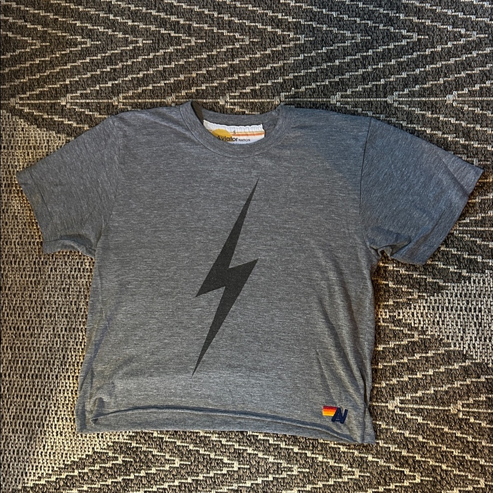 Aviator Nation Gray with Black lightning bolt crop top t-shirt